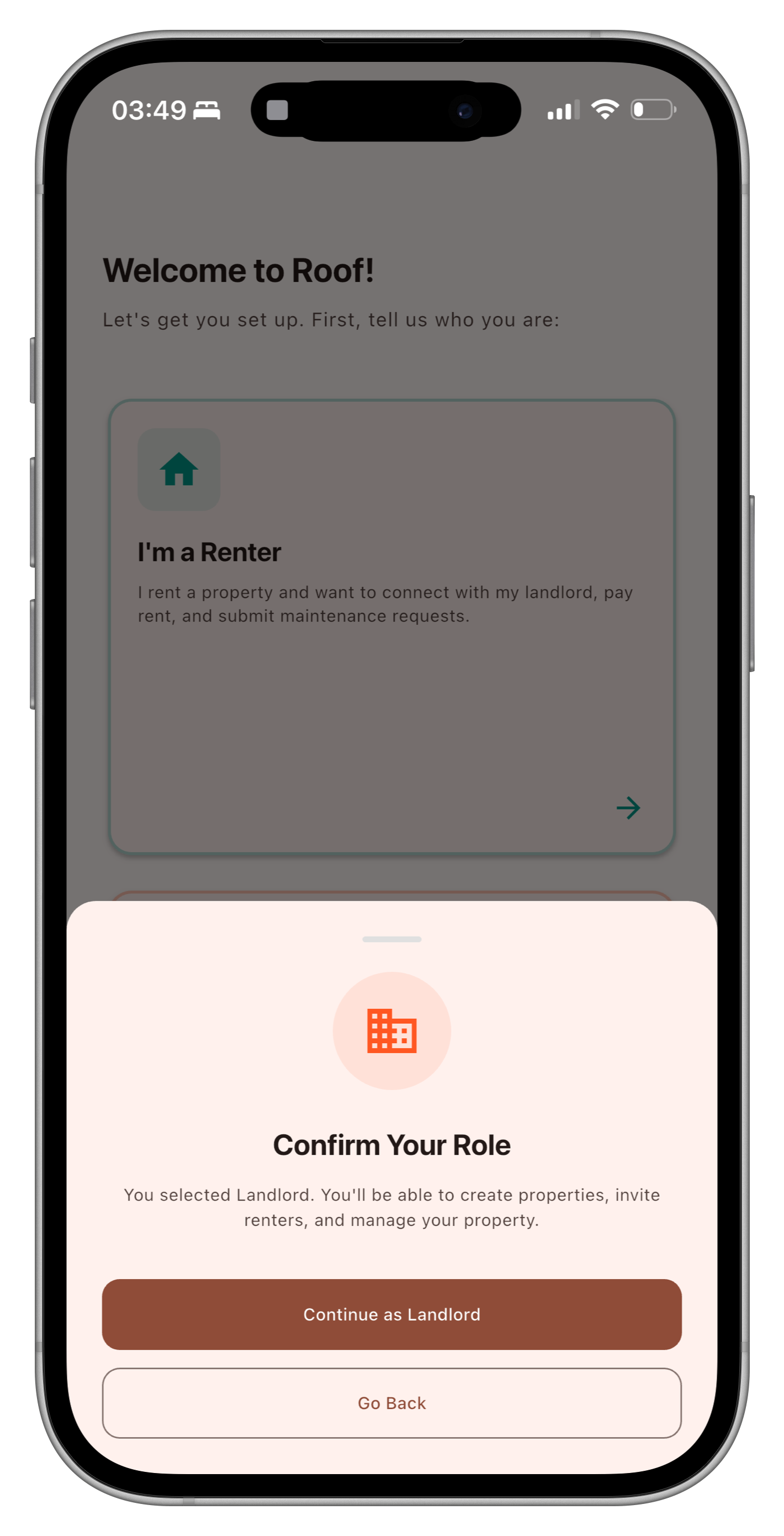 Landlord signup screen