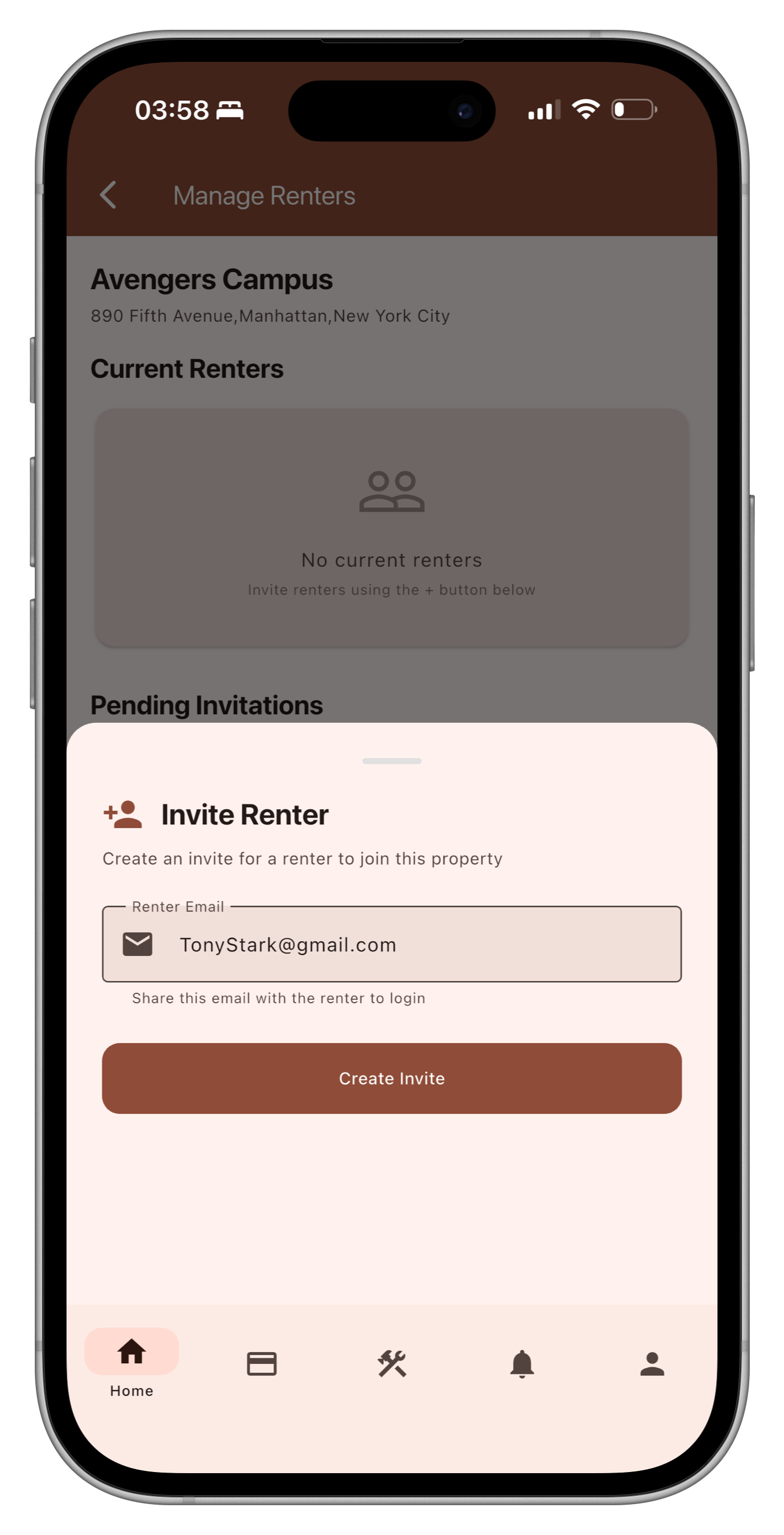 Invite tenants screen
