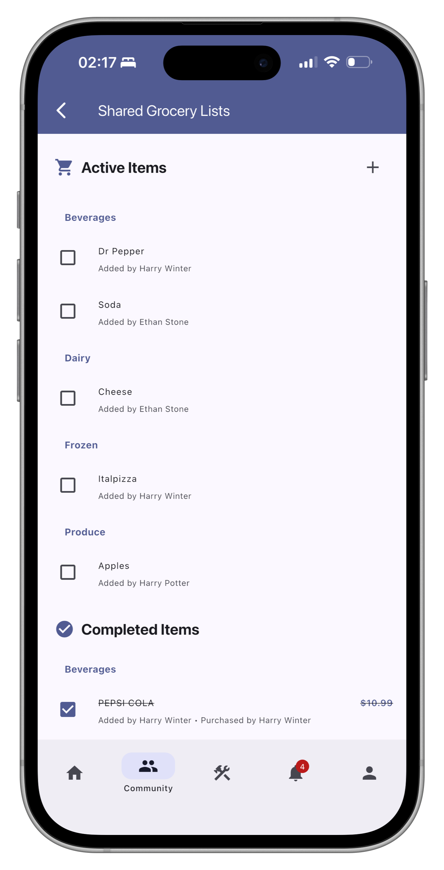 Shared grocery lists