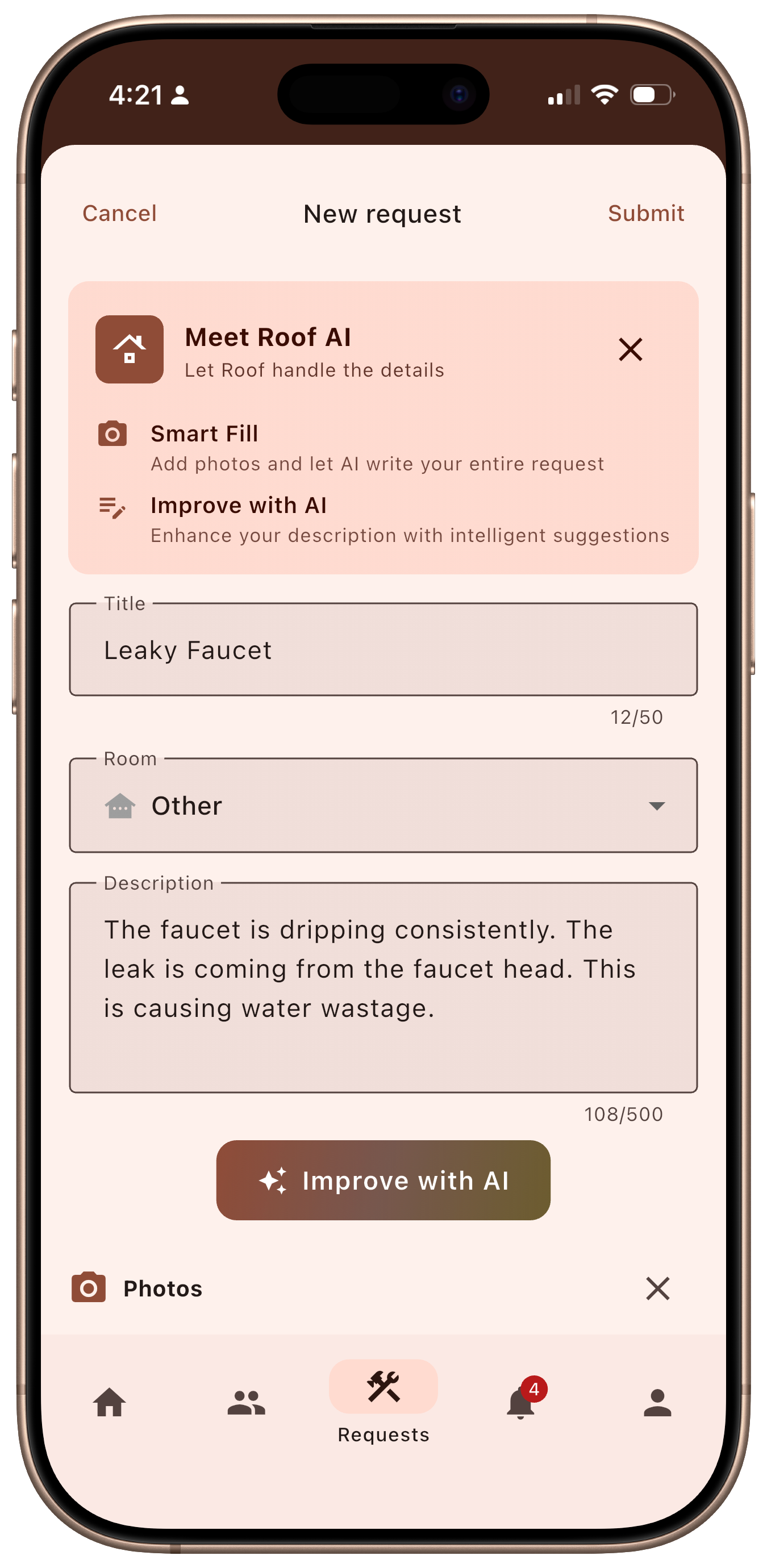 AI-powered smart fill maintenance request